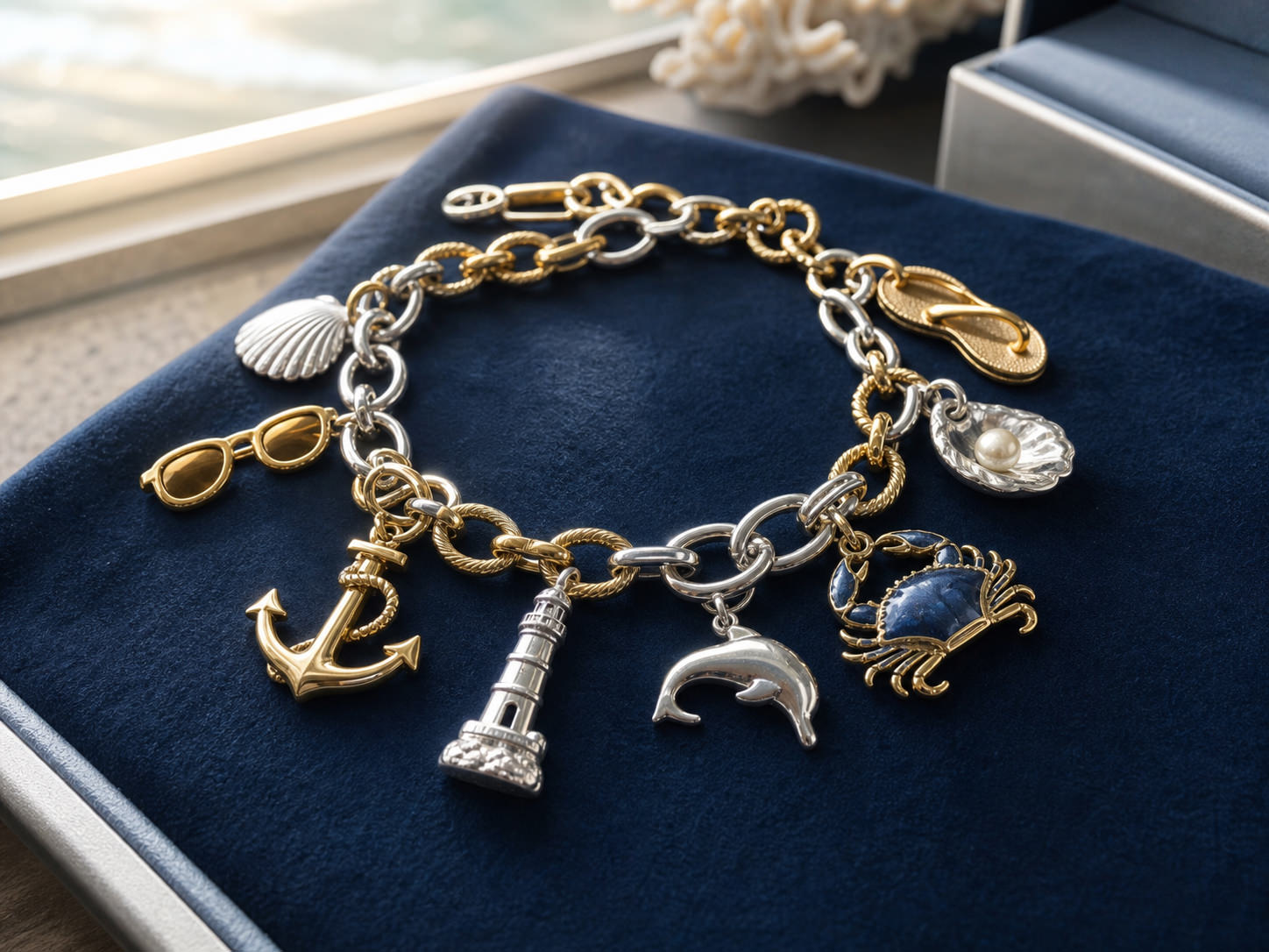 Gold and silver charm bracelet with coastal-inspired charms on navy velvet