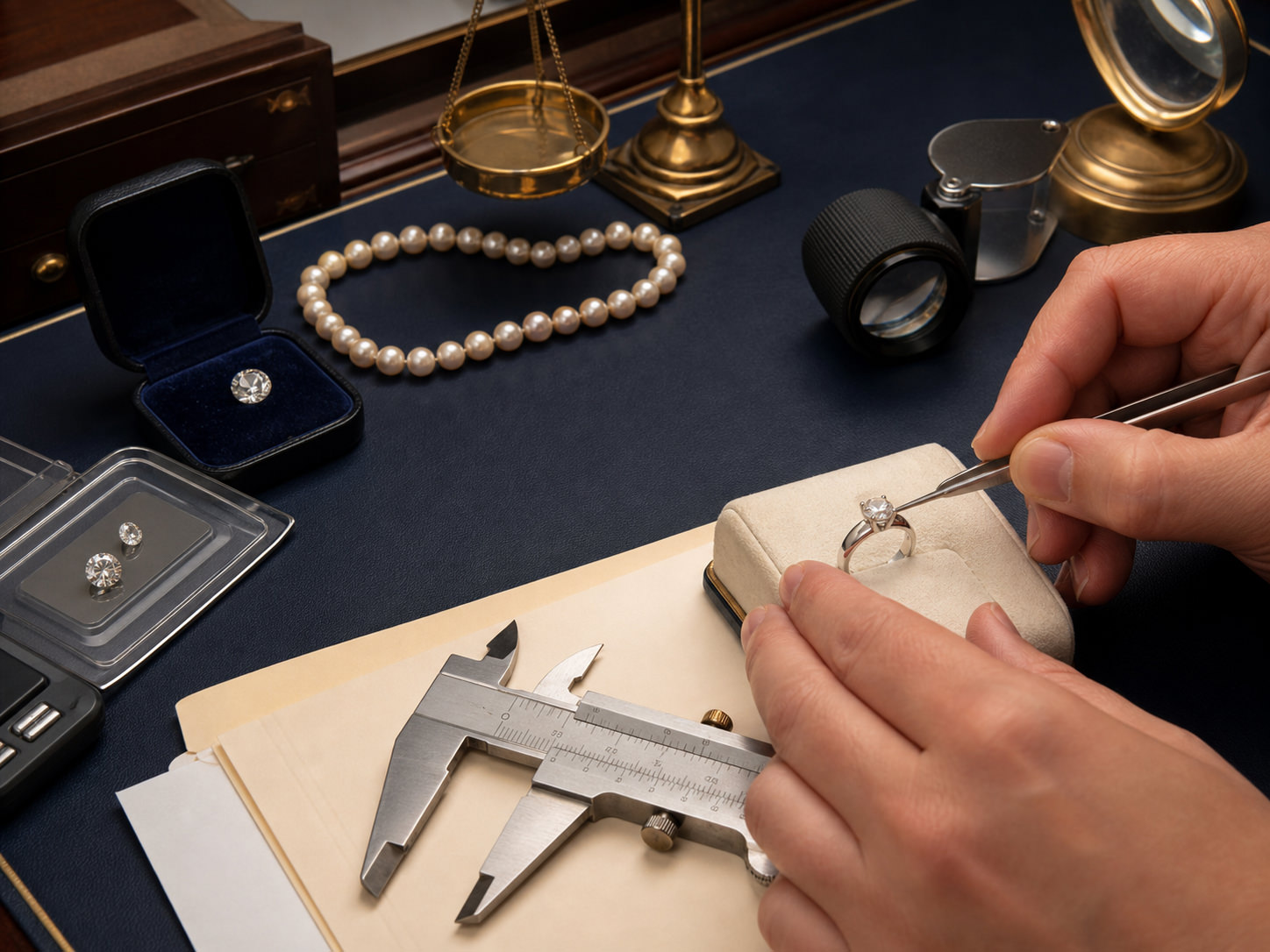 Jewelry appraisal tools, diamonds, pearls, and a ring