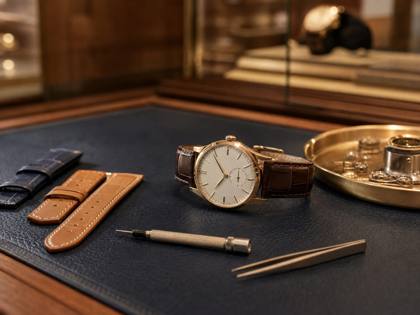 Fine watch and watch service tools on navy leather