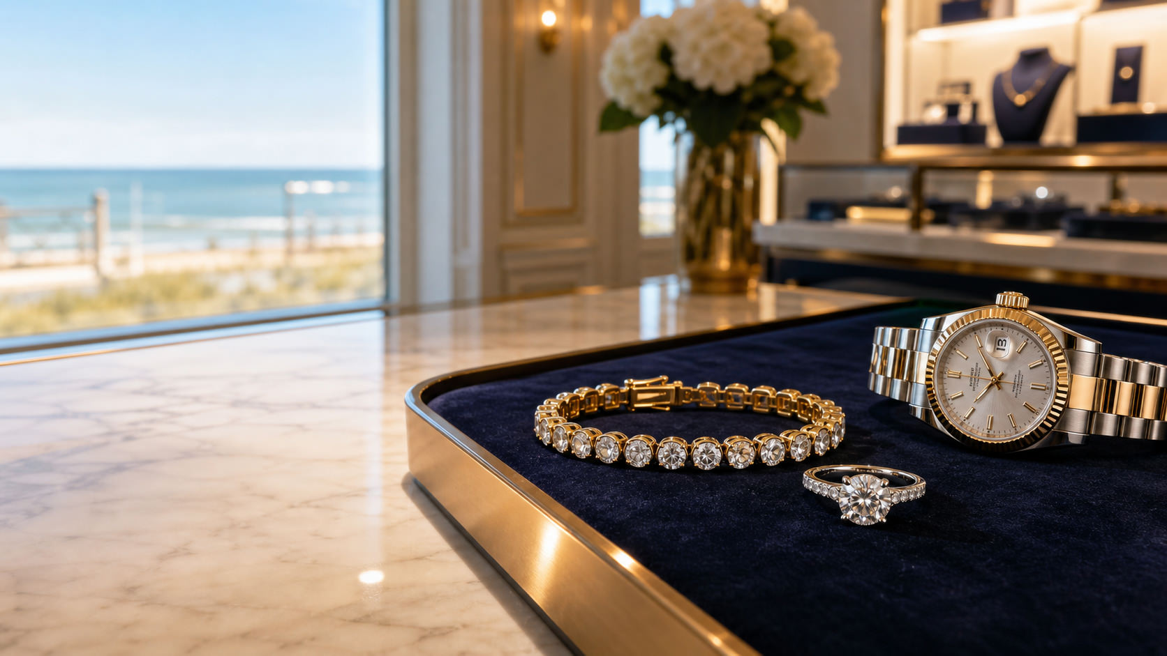 Fine jewelry and a watch displayed on navy velvet in an elegant showroom