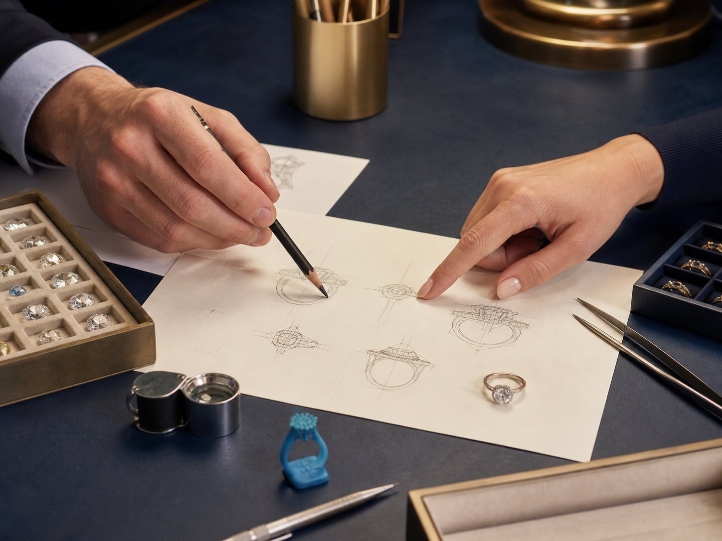 Custom ring sketches and gemstones on a jeweler design table