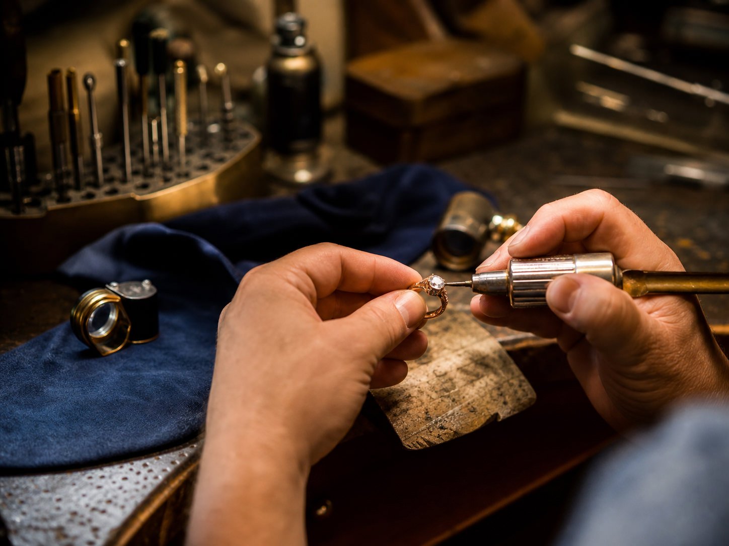 Jeweler repairing a ring at a professional bench
